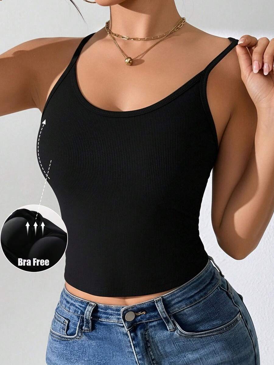1pc Women Casual Comfortable Minimalist Camisole With Padded Bust, Slim Fit Ribbed Sleeveless Vest, Thin Backless Undershirt - Black - View 1