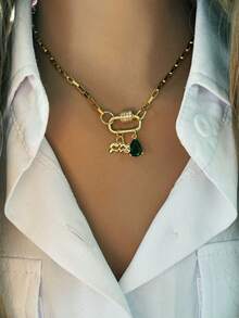 This Women's Necklace Features A Gold-Tone Screw Clasp, With A Pendant Composed Of A Zodiac Sign Pattern And A Green Pendant. Delicate And Compact, Suitable For Daily Wear And Party Occasions. - Gold - View 11