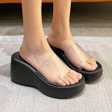 女士厚底坡跟凉鞋，高跟拖鞋，不累脚，时尚百搭软底仙女风透明露趾凉鞋 - 黑色 - 查看 6