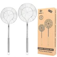 Pack Of 2 Large Spider Strainer Stainless Steel Skimmer Basket Kitchen Ladle Strainers Mesh Spoons With Long Handle Cooking Tools For Frying Boiling Noodles Dumplings Pasta - Bạc - Xem 7