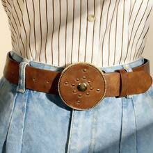 1pc Women's Retro Round Buckle Leaf Embossed Waist Belt, Floral Print Shiny PU Leather