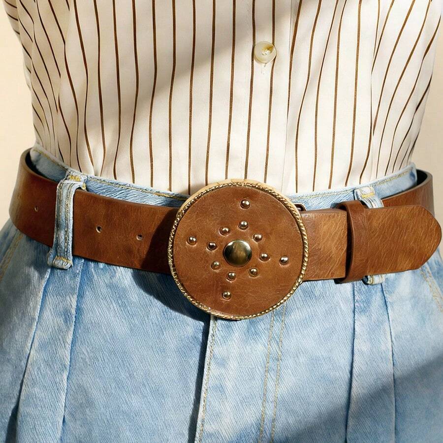 1pc Women's Retro Round Buckle Leaf Embossed Waist Belt, Floral Print Shiny PU Leather