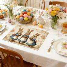 2/4/6/8pcs Rectangular Vintage Easter Happy Placemats, Vintage Easter Dining Table Decor With 3pcs Brown Rabbit Apron Floral Pattern, Seasonal Holiday Placemats For Kitchen Dining Room