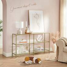 Moderner Eingangstisch - 3-Etagen Regal mit robustem Metallrahmen & Sicherheitsglas, freistehender Flurschrank für Wohnzimmer, Schlafzimmer, Büro – einfache Montage, platzsparende Designlösung, dekorative Aufbewahrung, elegante Oberfläche, zeitgenössisches Möbelwerk, langlebige Ablagelösungen für kleine Räume - Goldfarben - Übersicht 4