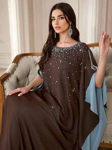 Women's Round Neck, Color-Block Soft & Comfortable Arabic Long Abaya, Suitable For Festivals, Daily Wear And Multiple Occasions - Coffee Brown - View 2