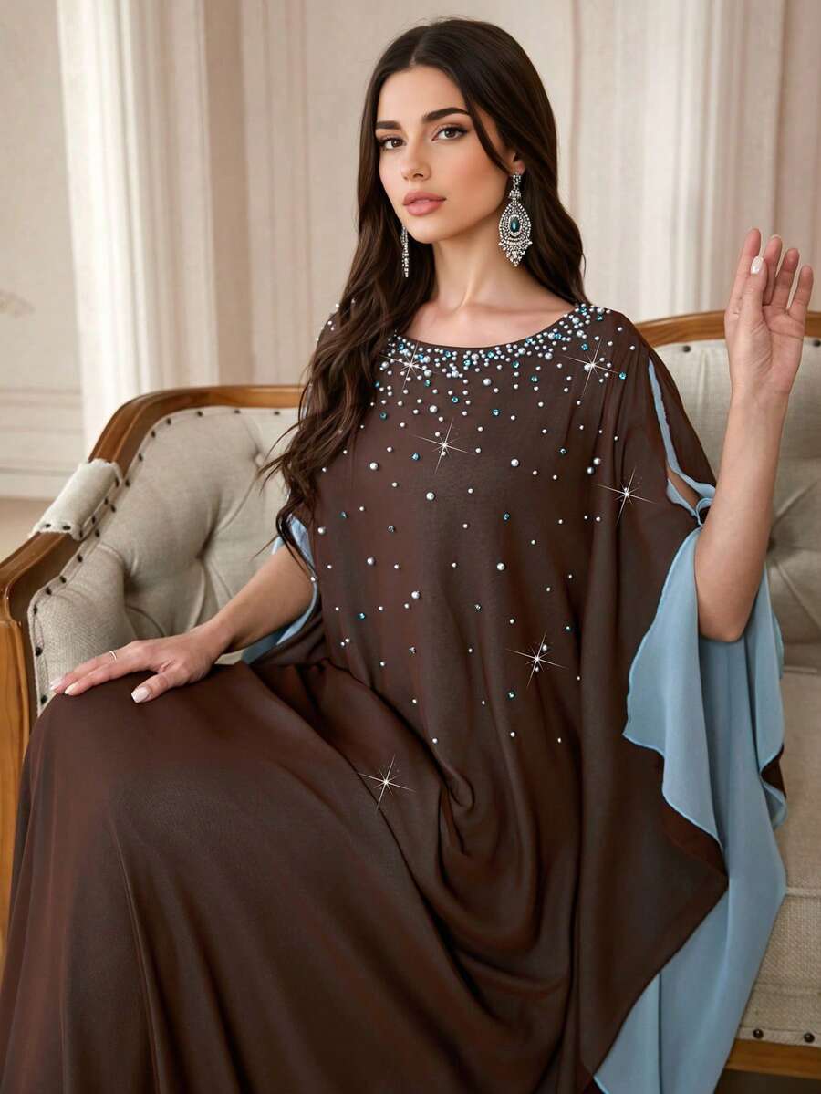 Women's Round Neck, Color-Block Soft & Comfortable Arabic Long Abaya, Suitable For Festivals, Daily Wear And Multiple Occasions