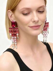 1对时尚银色和粉色水晶流苏耳环，夸张水钻吊坠耳环，女士配饰，情人节、开斋节浪漫礼物