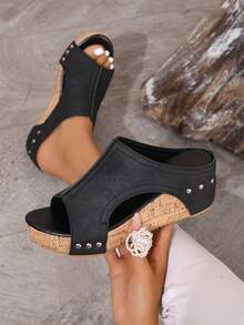 1pair Women's Vintage Distressed Wood Grain Platform Wedge Sandals, Open Toe Rivet Leather Summer Slides - Black - View 2