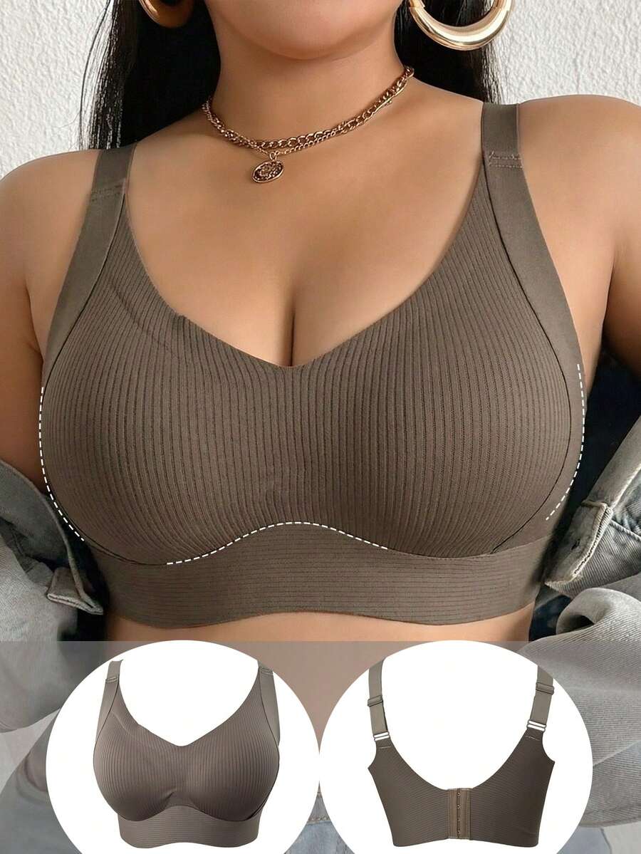 Plus-Size Women's Solid Color Bra - Side Boob Coverage, Soft Comfortable Layering Bra For Daily, Dating & Commute - Coffee Brown - View 1