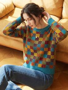 Knit Mix 优雅女士时尚格子针织毛衣，宽松圆领长袖套头衫，适合圣诞节、感恩节、新年、休闲场合穿着，随机图案设计，也适合返校季和秋冬季节穿着。 - 彩色 - 查看 10