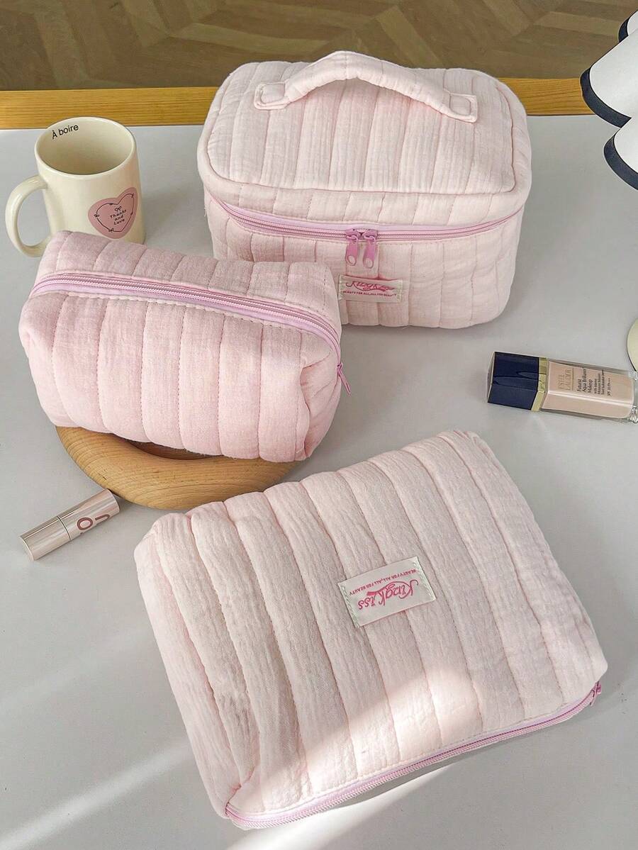Pink Striped Quilted Makeup Bag Portable Storage Bag With Zipper Handheld Bag Travel Washbag Large Opening Zipper Design Makeup Bag - Pink - View 1