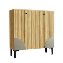 Sapateira moderna de 90 x 32 x 94 cm com acabamento amadeirado, três portas, espaço de armazenamento e prateleira – móvel leve para hall de entrada com estrutura preta, design vertical e detalhes em cinza. - Cor natural - Ver 5