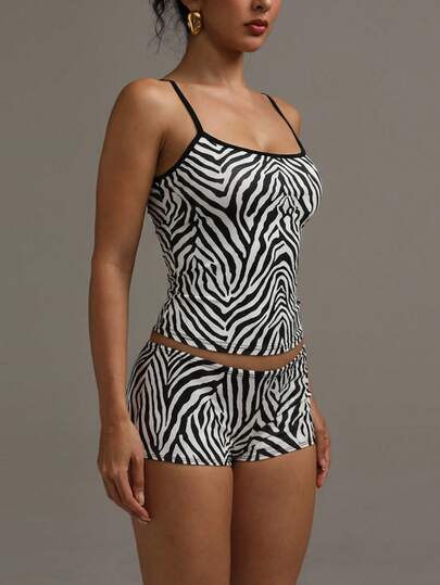 XLLAIS Women's Sexy Zebra Print Fitted Camisole And Shorts Set, 2026 Y2K Fashion Resort Wear