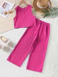 Tween-Mädchen Outfit mit ärmelloser Bluse + einfarbiger langer Hose, 2-teilig mit Rüschen, Lässig für Urlaub, Frühling/Sommer - Heißes Pink - Übersicht 2