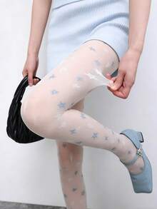 1双薄款浪漫白蓝星形提花丝袜，甜美少女风白色性感连裤袜，春夏款 - 彩色 - 查看 1