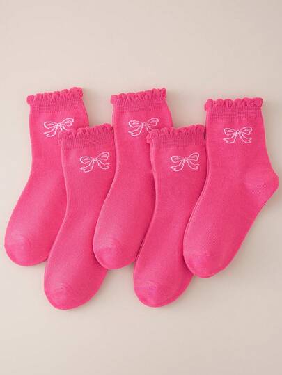 1/5 pares de meias infantis/juvenis magenta com renda, detalhe de laço fofo, design moderno e personalizado, absorção de umidade, respiráveis, antiodor, meias esportivas casuais, clássicas e versáteis, meias de cano médio macias e simples, ideais para escola, festas, presentes de Natal e viagens.