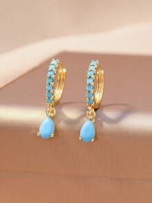 Pendientes de aro con piedra preciosa en forma de lágrima multicolor - Pendientes colgantes de tono dorado, adecuados para uso diario/fiesta - gotas de agua - Ver 5