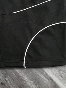 男士黑色短裤，饰有白色弧形缝线细节和弹性腰带，街头风 - 黑色 - 查看 6