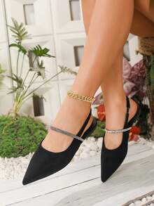 新款时尚女士尖头黑色水晶交叉绑带休闲平底凉鞋，春夏款 - 黑色 - 查看 2