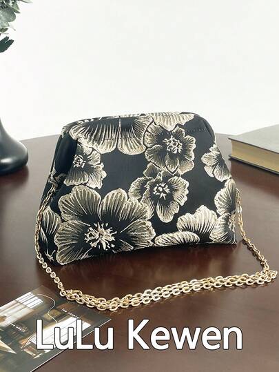 lulu kewen 1件装休闲时尚碎花图案女士手拿包、手提包、吻锁钱包、单肩包、斜挎包，配有可拆卸链条肩带，金色钱包，适合青少年、女士、女孩、学生、上班族