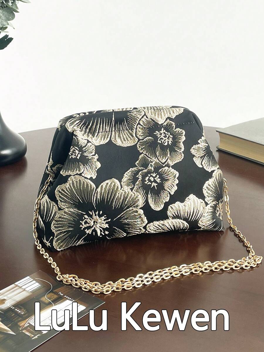 lulu kewen 1件装休闲时尚碎花图案女士手拿包、手提包、吻锁钱包、单肩包、斜挎包，配有可拆卸链条肩带，金色钱包，适合青少年、女士、女孩、学生、上班族 - 黑色 - 查看 1