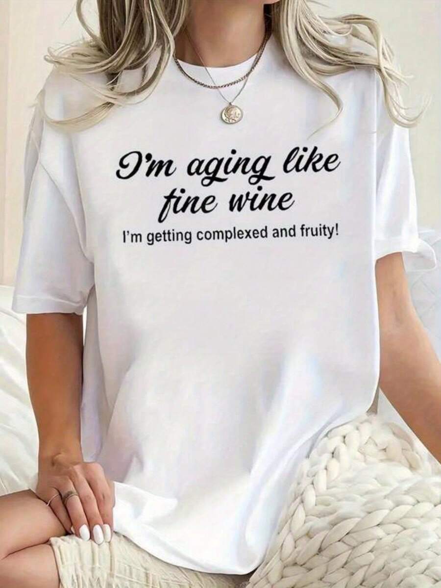 Women Funny I'm Aging Like Fine Wine Sarcastic Vintage T-Shirt Casual Short Sleeve Tee With Humorous Aging Humor Print Comfortable Round Neck Top For Casual Attire Gifts - White - View 1