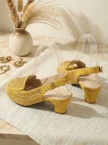 1双女童水钻装饰圆头高跟凉鞋，金色亮面踝带礼服鞋，夏季优雅派对鞋 - 黃色 - 查看 6