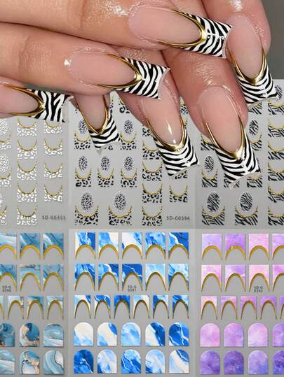 1 pieza Pegatina de arte de uñas 3D con estampado de leopardo, línea francesa de bloqueo dorado, decoración de uñas autoadhesiva para manicura, suministros para uñas