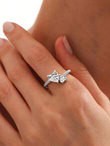 1 PC Fashion High-End Exquisite Luxury Diamond Ring, Double Heart Diamond Ring, Wedding Ring, Engagement Ring, Suitable As A Beautiful Gift To Witness Love - Bạc - Xem 2