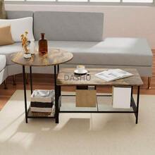 Diseño 2 en 1 con Mesa Rectangular con Almacenamiento y Mesa Auxiliar Redonda, Bossa Juego de 2 Mesas de Centro para Sala Clai – Estilo Industrial Marrón y Negro - por defecto - Ver 1