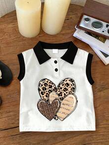 休闲时尚豹纹爱心印花 Polo 领背心，女童新款春夏系列 - 白色 - 查看 1
