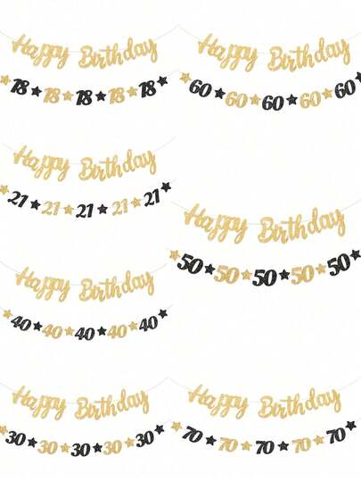 1 Set Black & Gold Birthday Banner, Happy Birthday Hanging Flag For 18/21/30/40/60/70/50 Years Old, Birthday Party Backdrop Decoration, Birthday Celebration Supplies, Home Decor, Wall Decor, Photo Prop, Room Decoration