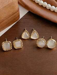 3对时尚几何猫眼耳钉套装，小巧可爱圆形、三角形、方形耳环，适合女性日常及节日佩戴 - 三件套 - 查看 11