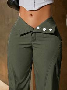 Solid Color High Waist Button Detail Y2K Music Festival Cargo Pants Spring - Army Green - View 3