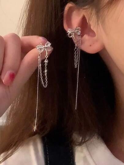 Butterfly Rhinestone Tassel Long Ear Cuff Earrings For Women, Summer Design Heart Ear Clip