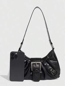 1pc Vintage Distressed Leather Motorcycle Bag, Decorated With Rivets And Buckles, Soft Touch, Folding Details, Cloud Shape, Suitable For Shoulder Or Crossbody Wear, Ideal For Work, Commute, Date, Party, Halloween Wallet, Perfect For Halloween Party Fashion And Gothic Style - 黑色 - 查看 4