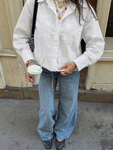 White Relaxed Fit Button Up Blouse | Tie Cuff Flap Pocket Shirt For Date & Brunch - White - View 7