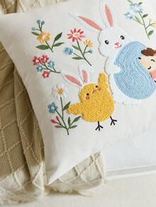 1pc Easter Bunny & Eggs Embroidered Decorative Pillow Cover, Spring Floral Cushion Cover, Suitable For Indoor Decor, Spring/Summer Decorative Pillow Case, Pillow Insert Not Included - Multicolor - View 7