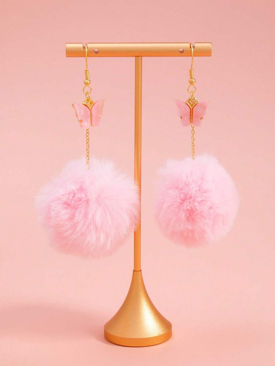 1 Pair Cute Butterfly & Faux Fur Ball Earrings, Suitable For Daily Wear