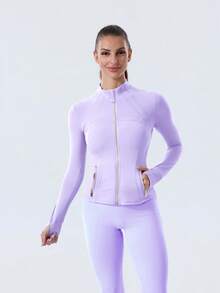 Women Slim Fit Sports BBL Jacket With Thumb Hole Stand Collar Zip Up - Lilac Ether/Gold - 查看 4