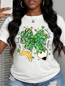 St Patrick's Day Lucky Tea And Lucky Teacher T Shirt With Green Bow And Clover Design For Women - 白色 - 查看 2