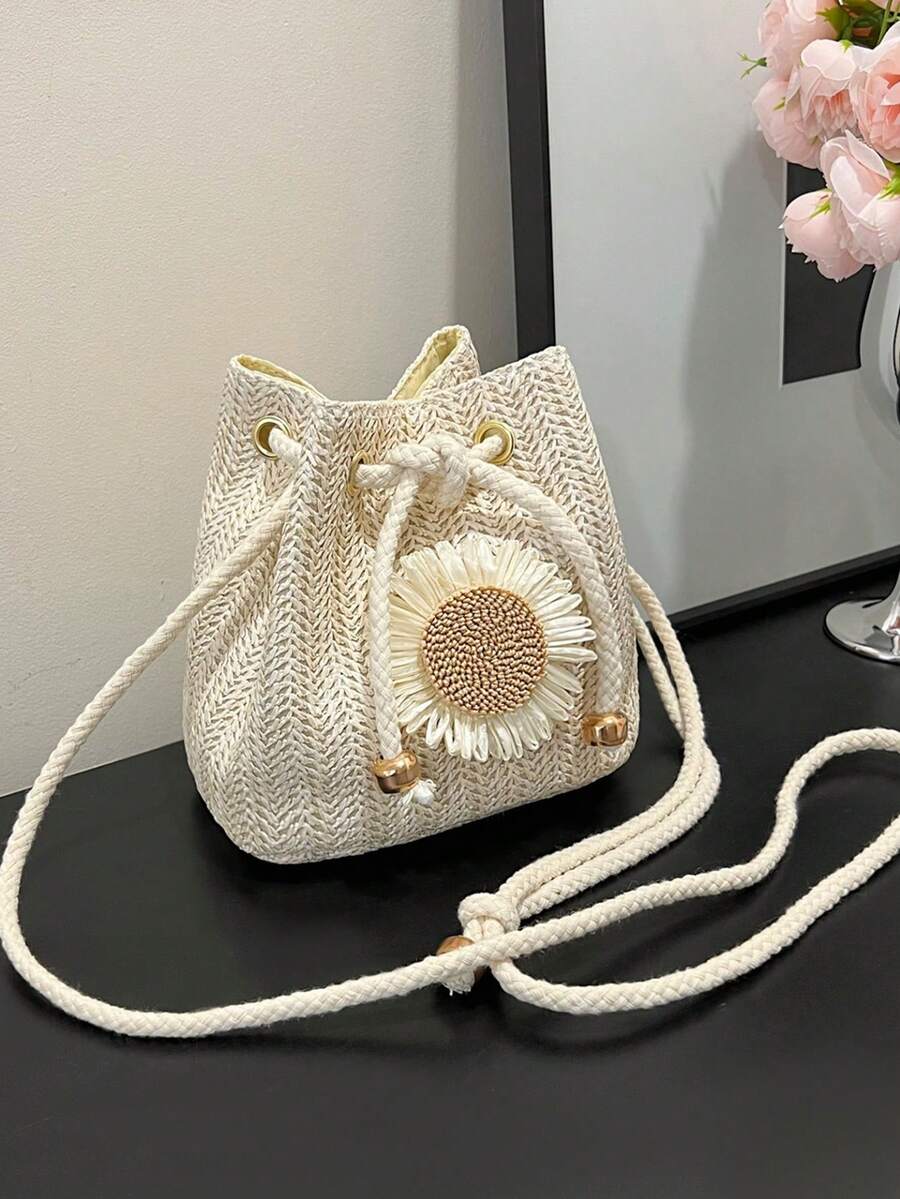 Strawberry Fashion New Shoulder Crossbody Bag Handbag Commuter Bag Drawstring Bucket Bag Minimalist Sunflower Shoulder Bag - Beige - View 1