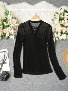 Sexy V-Neck Sheer Knit Long Sleeve Base Layer Top For Women, Tight Fit, Spring/Summer - Black - View 10