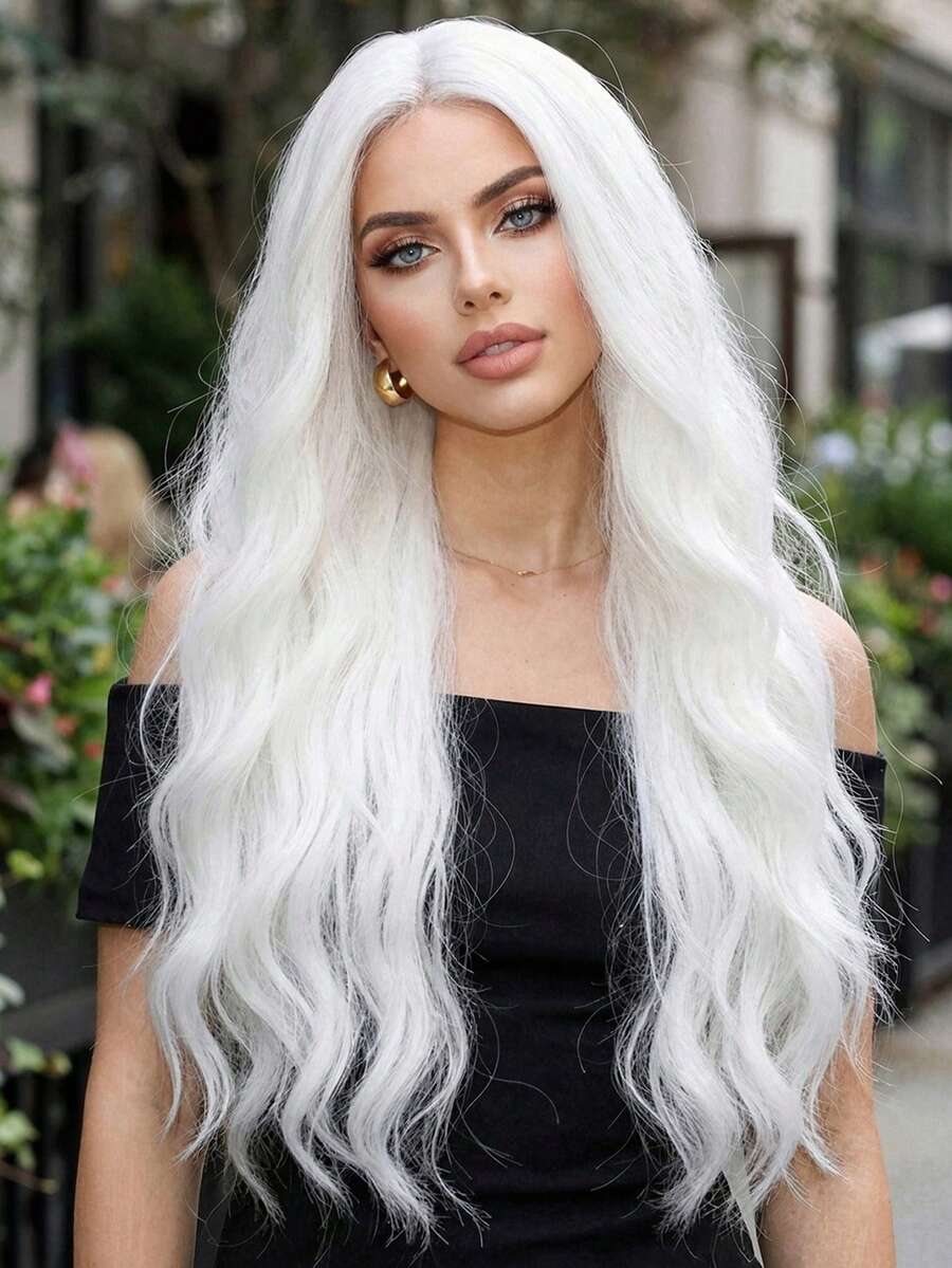 【1顶卷曲波浪高温丝假发】1顶优雅卷曲波浪高温丝假发，女士款，150%密度玫瑰网帽，时尚哑光质感，角色扮演风格，无蕾丝全头假发 - 白色 - 查看 1