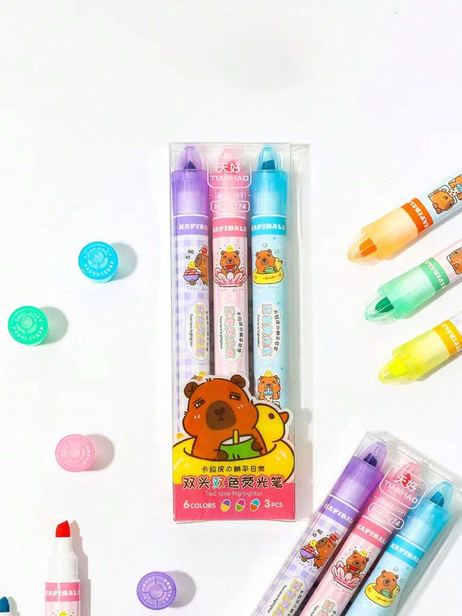 Conjunto de 3 canetas marca-texto fluorescentes de ponta dupla e duas cores, com grande capacidade de carga, ideais para anotações, destaques, desenhos e rabiscos. - Conjunto de 3 peças/6 cores - Ver 1