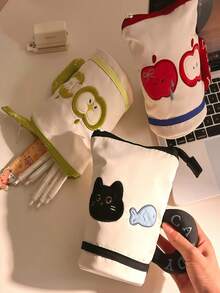 1个苹果造型立式铅笔盒，简约可爱，创意学生文具收纳袋，大容量储物袋 - 彩色 - 查看 5