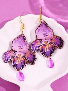 一对优雅紫色水滴形花朵耳环，适合节日派对佩戴 - 彩色 - 查看 4