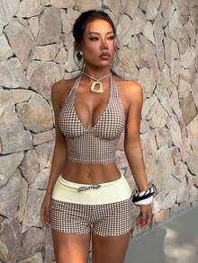 PEPPERMOLLY 2026 女士格子比基尼套装 - 复古运动泳装，海滩必备，都市海滩装饰风格；一套迷人性感的泳装套装，是泳池派对和豪华海滩度假的完美之选。夏季 - 棕色 - 查看 4