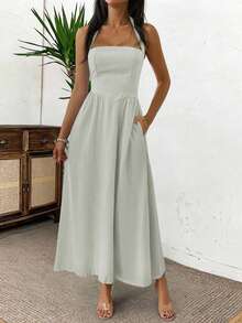 女士春夏无袖拉链褶皱连衣裙，休闲优雅风格，适合海滩、度假、约会、音乐节、情人节、生日派对等场合。 - 灰綠 - 查看 5