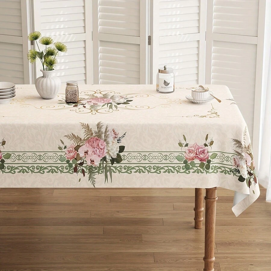 One Simple And Elegant Floral Polyester Tablecloth - Beige And Green Floral Pattern, Suitable For Dining Room, Kitchen, Party Decor - Easy-Clean Tablecloth For Home, Restaurant, Wedding, Birthday Party Decor - Durable And Wrinkle-Resistant Surface - Nhiều màu - Xem 1